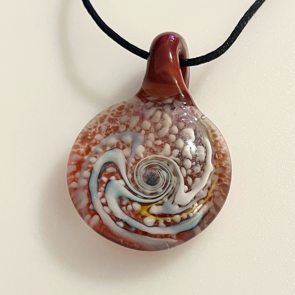 Handblown Artisan Brown Blue White Yellow Glitter Art Lampwork Glass Necklace - Picture 16 of 16